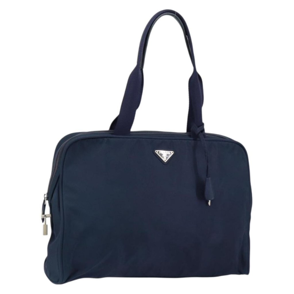 Prada Hand Bag Nylon Navy Silver Auth 151342